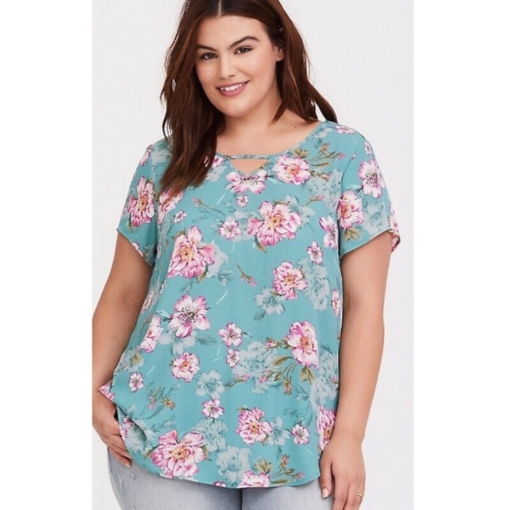 TORRID Floral Keyhole Georgette Blouse Green 3X